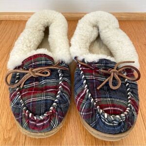 L.L. Bean Wicked Good Moccasin Slippers Womens 10 Plaid Flannel Shearling Soft